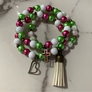Pink and Green Christian Cross Charm Beaded Bracelets Set